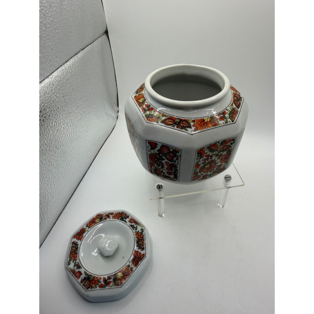 Hung‎ Jin China Octagonal Ginger Jar Floral Paisley Orange White Lidded Pot 4.5" - Picture 3 of 8